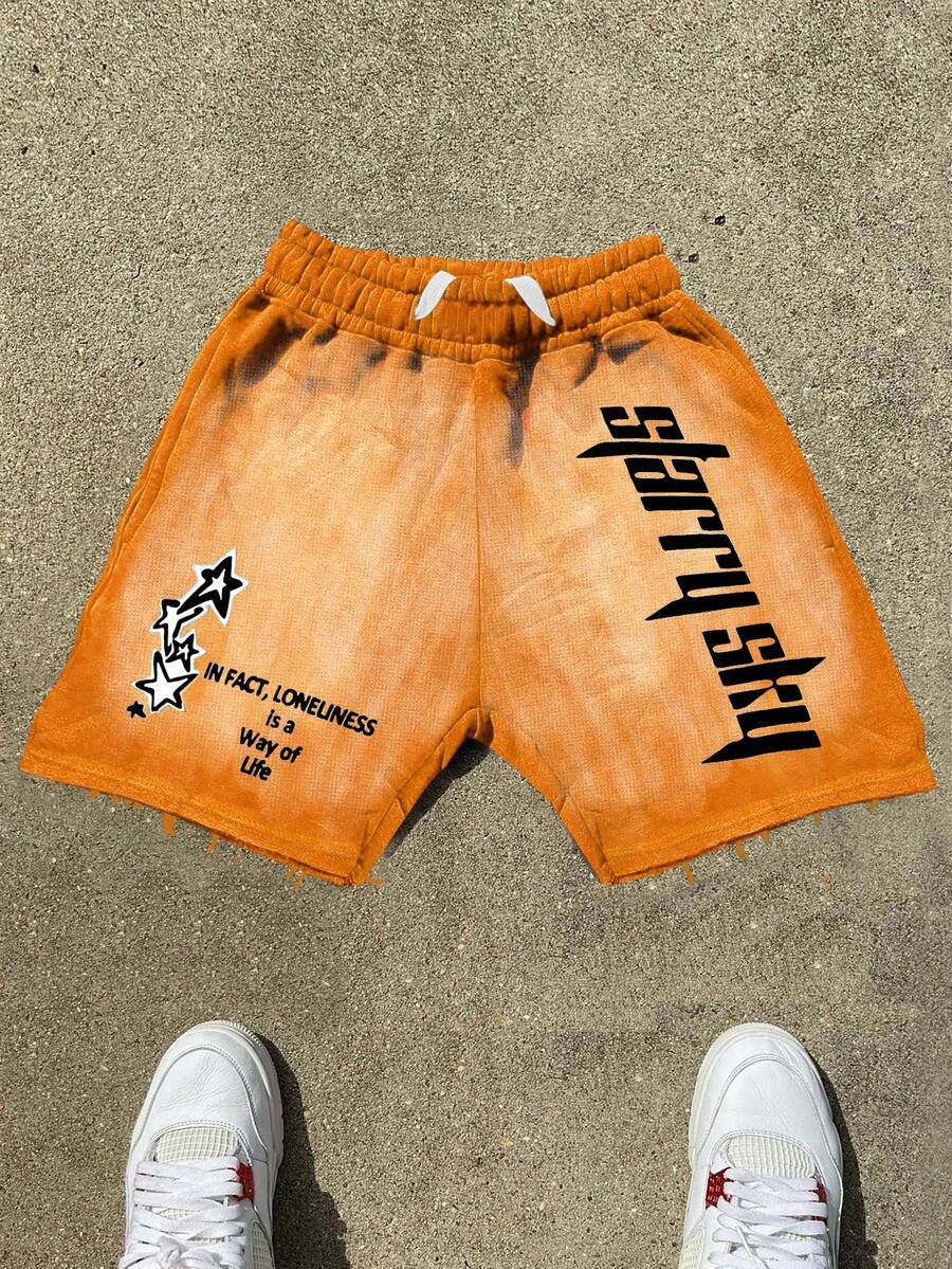 PAVTROS Quần short nam phong cách đường phố trẻ trung, thiết kế tối giản và độc đáo với họa tiết chữ cái và ngôi sao, cạp chun co giãn, túi có dây rút, mặt trước in họa tiết chấm bi phai màu, tổng thể mang phong cách đô thị, giản dị, thời trang đường phố, đa năng cho trang phục hàng ngày. Quà tặng dịp lễ. - trái cam - Xem 1