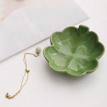 1Pc Nordic Style Ceramic Jewelry Tray, Floral & Clover Leaf Design, Tabletop Organizer For Cosmetics & Accessories, Ideal Gift For Women 2. - Green - View 4