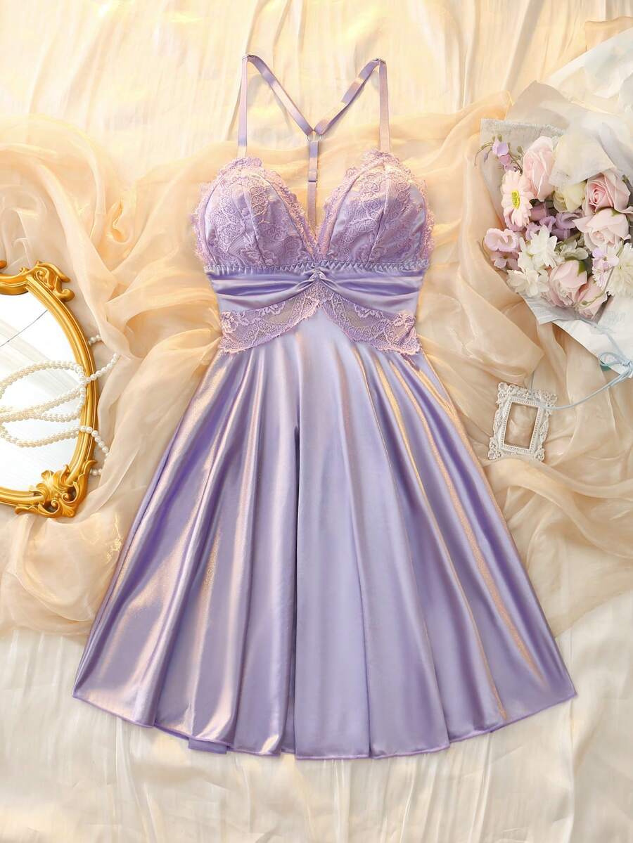 Purple Floral Lace Patchwork Ruffle Hem Slip Dress, Romantic & Comfortable Nightgown For Women - Purple - View 1