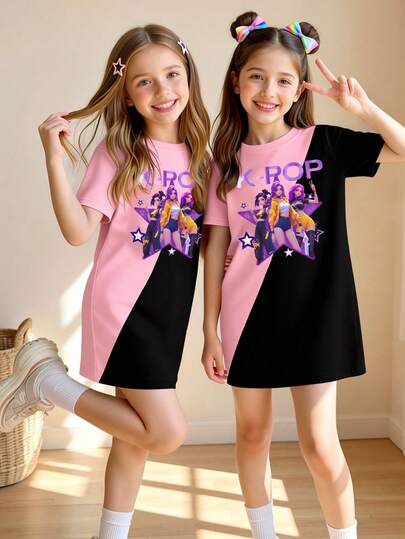 Digital Print Idol Girl Group Short Sleeve T-Shirt Dress, Fashionable Casual, Suitable For Spring And Summer
