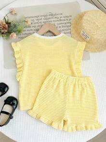 SHEIN 2件套 女童条纹圆领针织T恤和短裤 - 黃色 - 查看 2