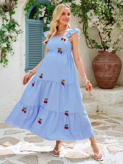 SHEIN Maternity Plaid Ruffle Trim Cherry Decor Vacation Dress