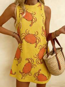 Breezaya Vestido de playa de estilo bohemio con talla grande para primavera/verano, con ribete de color contrastante, estampado aleatorio de motivo de cangrejo, corte holgado sin mangas, falda de línea A - Amarillo - Ver 6