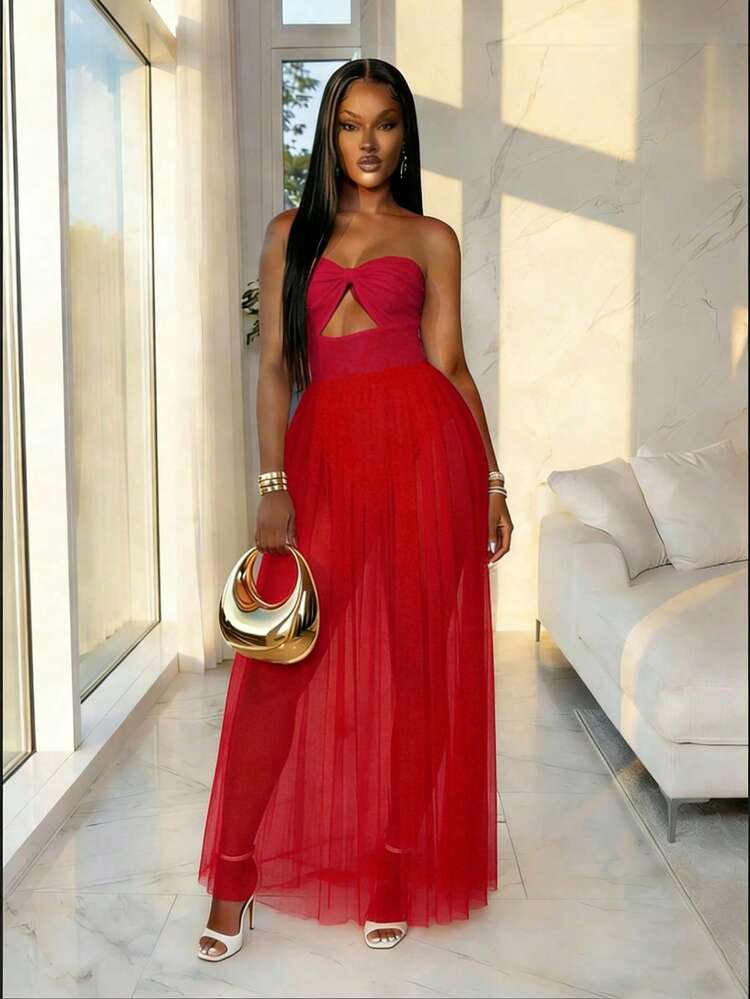 Lureya Đầm thời trang nữ không dây vai, chất liệu lưới xuyên thấu, khoét lỗ, đính vòng kim loại hình tròn, thiết kế đi biển, gợi cảm, quyến rũ, tinh tế, trẻ trung, thanh lịch, lãng mạn, thích hợp mặc hàng ngày, đi nghỉ mát, dự tiệc, mùa xuân hè. - Đỏ - Xem 5