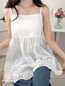 FRIFUL 女款素色細肩帶無袖夏季刺繡優雅上衣 - 白色 - 查看 7