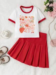 Sparklyn Bộ áo thun ngắn tay in nơ và chân váy xếp ly cho bé gái tuổi teen. - Nhiều màu - Xem 4