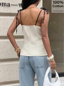 Camiseta de mujer con ribete de color contrastante, tops de verano para mujer, tops de tirantes para mujer, tops casuales para mujer, tops de algodón para mujer - Albaricoque - Ver 4