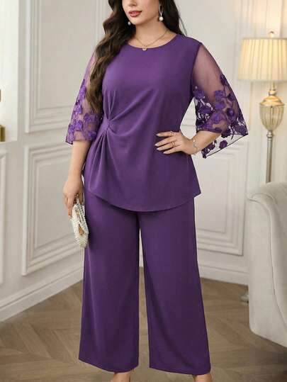 Reflora Plus Size Women Embroidered Mesh Flare Sleeve Shirt And Wide Leg Pants Casual 2 Pieces Set Carnival Costume Carnival Women Look 2026 Women Carnival Costume Carnival Outfit Carnival Costume For Women Women's Carnival Costume Summer Outfits For Women Summer Clothes Summer Vacation Outfits Summer Outfits For Woman Summer Clothes Women Set 2 Piece Set Women Two Piece Women Sets Outfit Sets Women Matching Sets Women Matching Sets Suits For Woman Set Sets For Women Comfy Sets Women Co Ords Sets Women Women's Summer Set  Summer Outfits Summer Clothes Summer Holiday Outfits Shirts Suitable For Various Occasions, Such As: Commuting To Work, Casual Wear At Home, Going For A Walk, Visiting Neighbors And Friends, And Shopping.