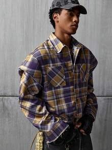 NEON BLANC Men's Plaid Print Patch Pocket Front Button Casual Long Sleeve Shirt - Brown - View 2