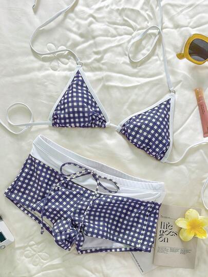 Swim Mod Women Beachwear Gingham Print Sexy Gym Short Swimpants Bikini Set, Brown Beach Swimsuit For Woman Velentines New Year Party Vacation Outfit Spring And Summer Swimwear