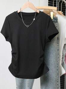 INAWLY 5件套加大码女式休闲褶皱腰短袖T恤，户外上衣，白色、藏青色、黑色、蓝色、浅灰色 - 白色 - 查看 6