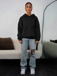 SAYEHFBABY 女式休闲简约印花连帽长袖宽松厚款运动衫，春秋季 - 黑色 - 查看 5