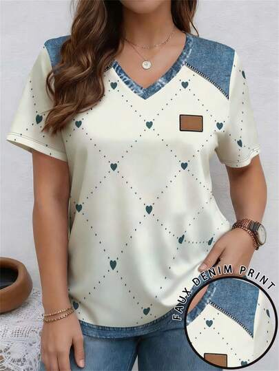 EMERY ROSE 印花拼接波点爱心图案V领短袖休闲加大码T恤，春夏款