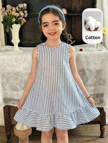 LMoss Kids 年轻女孩度假休闲时尚条纹无袖连衣裙 - 藍色 - 查看 4