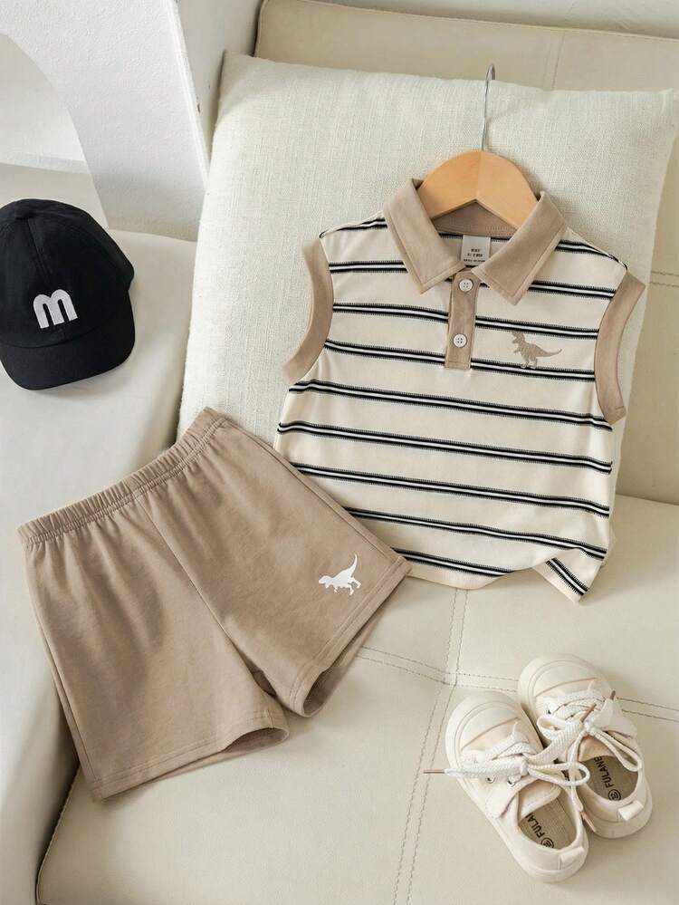 SHEIN 2pcs/Set Baby Boy/Girl Casual Cute Striped Contrast Color Sleeveless Polo Shirt Vest And Shorts Set, Spring/Summer Baby Clothes Outfits Brown Outfit For Baby Boy Baby Clothes Outfit Set - Multicolor - View 3