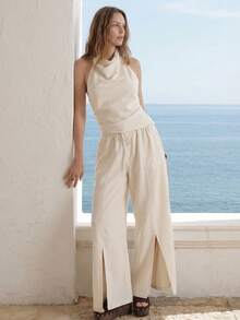 CielaLinda Women Linen Pants Casual Elegant Vacation Pants Slit Front Pants - Apricot - View 1