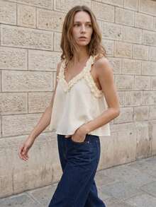 Áo Cami nữ xếp bèo màu mơ, áo tank top xếp bèo phong cách Boho. - Màu be - Xem 7