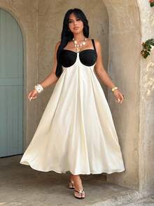 Rustia Plus Size Women's Elegant Black And White Color Block Spaghetti Strap Maxi Dress,Summer Holiday Vacation French Backless A-Line Pleated Dress - Multicolor - View 3