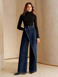 Anewsta Asymmetrical Design Women's Loose Fit Pockets Wide Leg Jeans - Blue - View 7