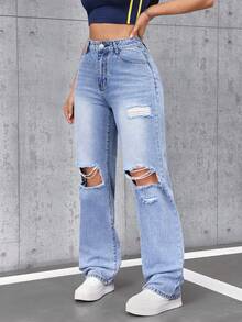 SHEIN Tall Quần jeans nữ cạp cao, có túi, ống rộng, dáng suông, phong cách thường ngày. - Màu xanh lam - Xem 5