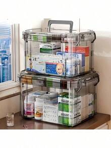 1pc Dual Layer Transparent PVC Pill Box - Convenient Medication Storage Box, Suitable For Home & Travel, No Power Needed, Lightweight & Portable, Matte Surface, Can Be Placed On Tabletop, Independent Design, Capacity Less Than 3.2 Cubic Feet, Max Height 27 Inches, Waterproof, Flip-Top Closure, Multi-Purpose Storage Box - Grey - View 10