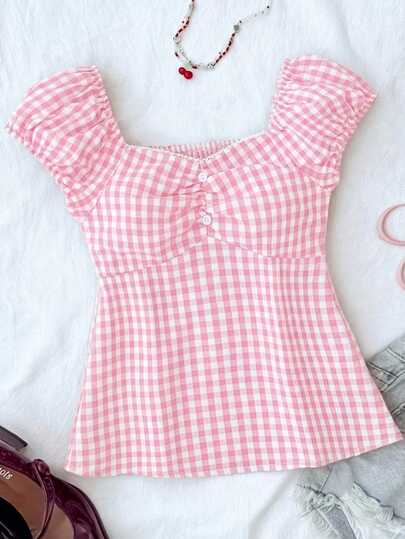 SHEIN Áo sơ mi kẻ caro dáng đơn giản, thoải mái, có dây đeo sau lưng dành cho bé gái tuổi teen.