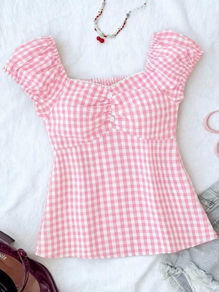SHEIN Tween Girls' Casual Minimalist Comfortable Plaid Back Strap Shirt - Pink - View 1