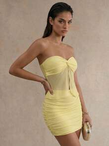 Swim Glamine Women's Vacation Solid Color Twist Bandeau Top And Ruched Mini Skirt Sexy 2 Pieces Set Yellow Dresses For Women Yellow Two Pieces Outfit Women Summer Set - Yellow - View 3