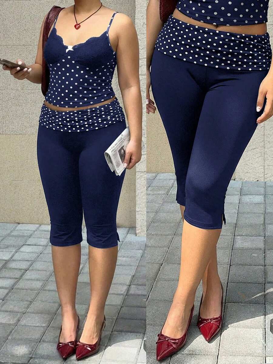 GalTyme Quần legging cỡ lớn màu xanh hải quân, họa tiết chấm bi phối nhiều mảnh. - Màu xanh hải quân - Xem 1
