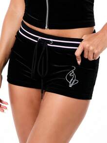 BABYPHAT Women's Velour Booty Shorts With Ribbed Waistband And Script Print For Casual Lounge Wear And Streetwear Style - Black - View 4