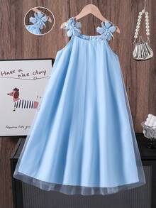 SHEIN Tween Girl Floral 3D Decor Dress, Suitable For Daily Wear Or Parties, Spring/Summer/Autumn - Blue - View 6