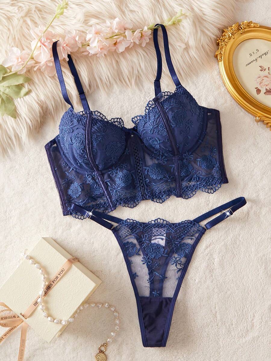 SHEIN 2件套女士白色浪漫长款文胸内衣套装 - 藏蓝色 - 查看 1
