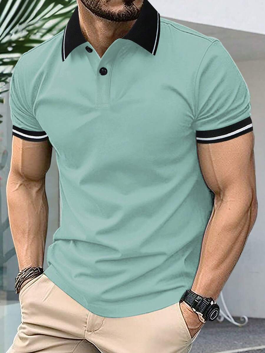 Calvornis 男士鼠尾草綠短袖 Polo 衫，夏季休閒高爾夫球衫，撞色修身 Polo 衫，老錢風，復古夏威夷度假風，儀式感 - 綠色 - 查看 1