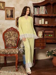 French Elegant Romantic Lace Patchwork Women Pajama Set - Yellow - View 7