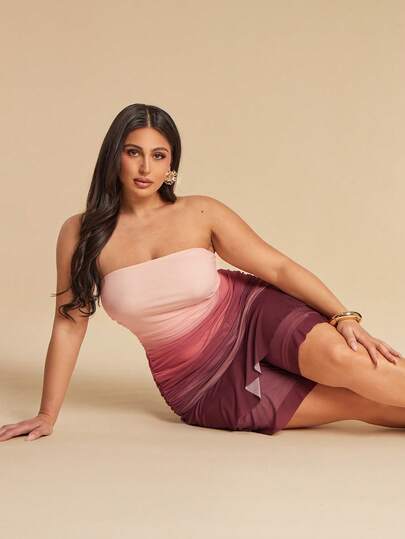 SHEIN BAE 大码女式渐变无肩带短裤连体裤，带网纱罩层