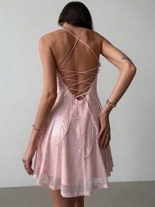 Aloruh Vestido de fiesta de mujer con escote en V bajo, tirantes anudados, espalda descubierta y corte mini en A con lentejuelas - Rosa - Ver 1