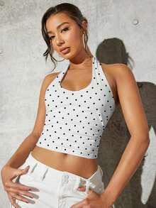 SHEIN BAE 95%纯棉白色露背短款上衣，饰以经典黑白波点印花——性感修身街头风，优雅时尚，弹力十足，四季皆宜的基础款吊带背心，适合春夏海滩度假、音乐节、锐舞派对、演唱会和外出活动。 - 彩色 - 查看 6