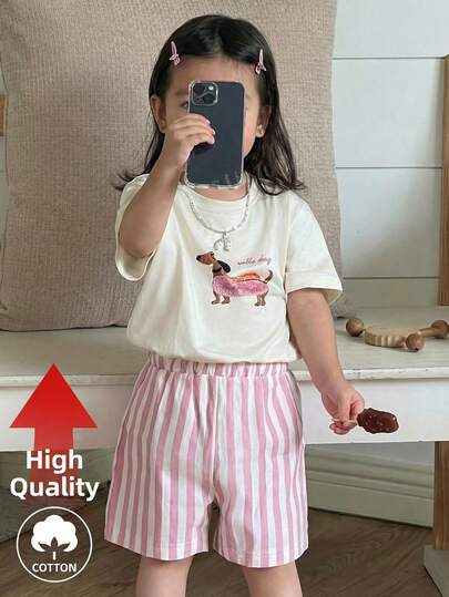 SHEIN 2件套女婴幼儿/新生儿0-3岁休闲日常腊肠犬图案圆领T恤+粉色条纹短裤套装，春夏款