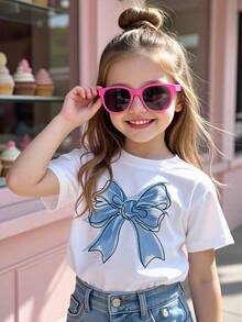 Spring/Summer Girls' Casual Fashionable Creative Fresh Simple Blue Floral Print Basic White Short-Sleeve T-Shirt, Comfortable For Everyday Wear - White - View 8
