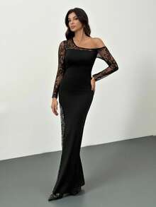 SHEIN Tall Elegant Black Floral Lace Bodycon Long Dress,Autumn Night Out Party Contrast Asymmetric Hem,Long Sleeve Strapless Cocktail Dresses For Women - Black - View 5