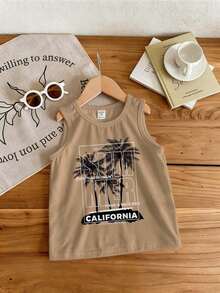SHEIN Young Boy's Casual Cartoon Pattern Sleeveless Tank Top, Suitable For Summer, Classic Palm Tree Print - Khaki - View 2