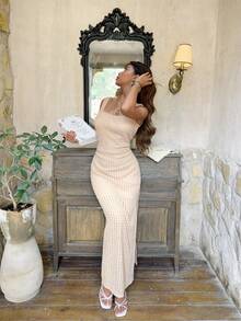 Serisse Women's Elegant Solid Color Textured Split Dress, Summer,Summer Dresses For Women - Apricot - View 6
