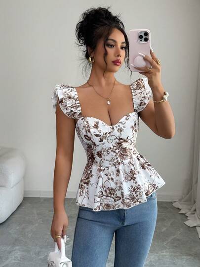 SHEIN Raffinéa 女士优雅浪漫精致荷叶边喇叭袖修身印花吊带背心，适合户外约会，春夏款