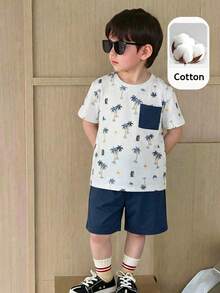 SHEIN LMoss Kids 2pcs/Set Baju Pullover Lengan Pendek Motif Pohon Kelapa dan Celana Pendek Polos untuk Anak Laki-Laki - MultiWarna - View 5
