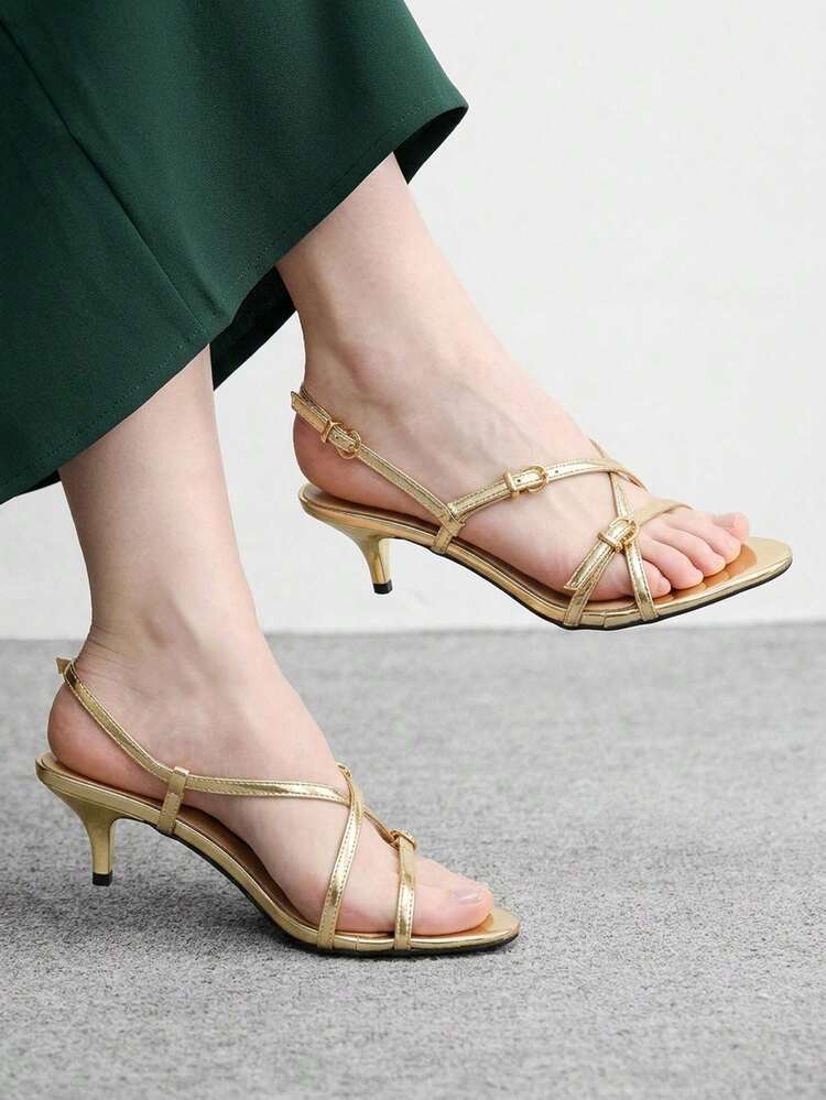 CUCCOO BIZCHIC Women Shoes Gold Patent Leather Stiletto Sandals Cross Strap Combination Metal Buckle Design Workplace Commuting, Dating Out, Light Luxury Dinner Party, Retro Wear Fashion Women's Shoes