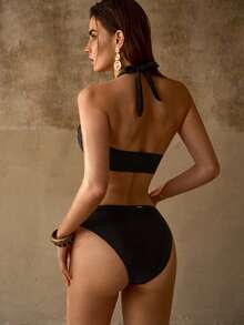 MOTF PREMIUM SUMMER BEACH SEXY BLACK METAL SUNFLOWER DETAIL TIE BACKLESS HALTER BIKINI SWIMSUIT - Black - View 3