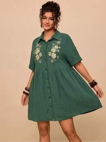 Travachic Plus Size Casual Cotton Floral Embroidered Black Shirt Collar Batwing Sleeve Patchwork Dress - Olive Green - View 4