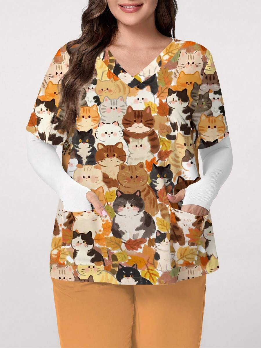 PopScrub Plus Size Women Cartoon Cat Nurse Uniform Top - Multicolor - View 1