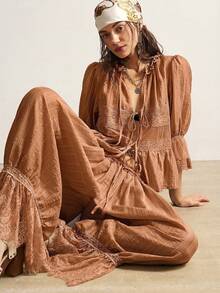 Bohemela 休闲编织拼接蕾丝边宽松女裤 - 棕色 - 查看 2