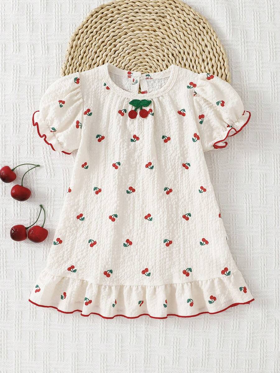 Đầm ngắn tay bồng xếp ly in hình quả anh đào dễ thương cho bé gái, thích hợp mặc đi ngủ. - Màu be - Xem 1